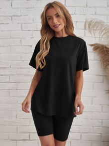 SHEIN LUNE Bộ thời trang màu trơn Giải trí - màu đen - Xem 1