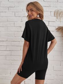 SHEIN LUNE Bộ thời trang màu trơn Giải trí - màu đen - Xem 2