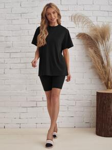 SHEIN LUNE Bộ thời trang màu trơn Giải trí - màu đen - Xem 3