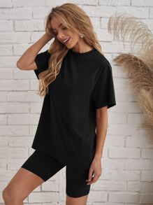 SHEIN LUNE Bộ thời trang màu trơn Giải trí - màu đen - Xem 4