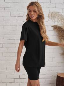 SHEIN LUNE Bộ thời trang màu trơn Giải trí - màu đen - Xem 5