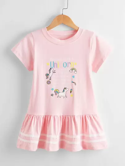 小女童卡通和標語圖案連衣裙