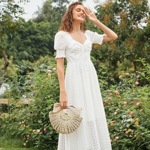 

Shirred Cuff Puff Sleeve Ruched Bust Lace Dress, White