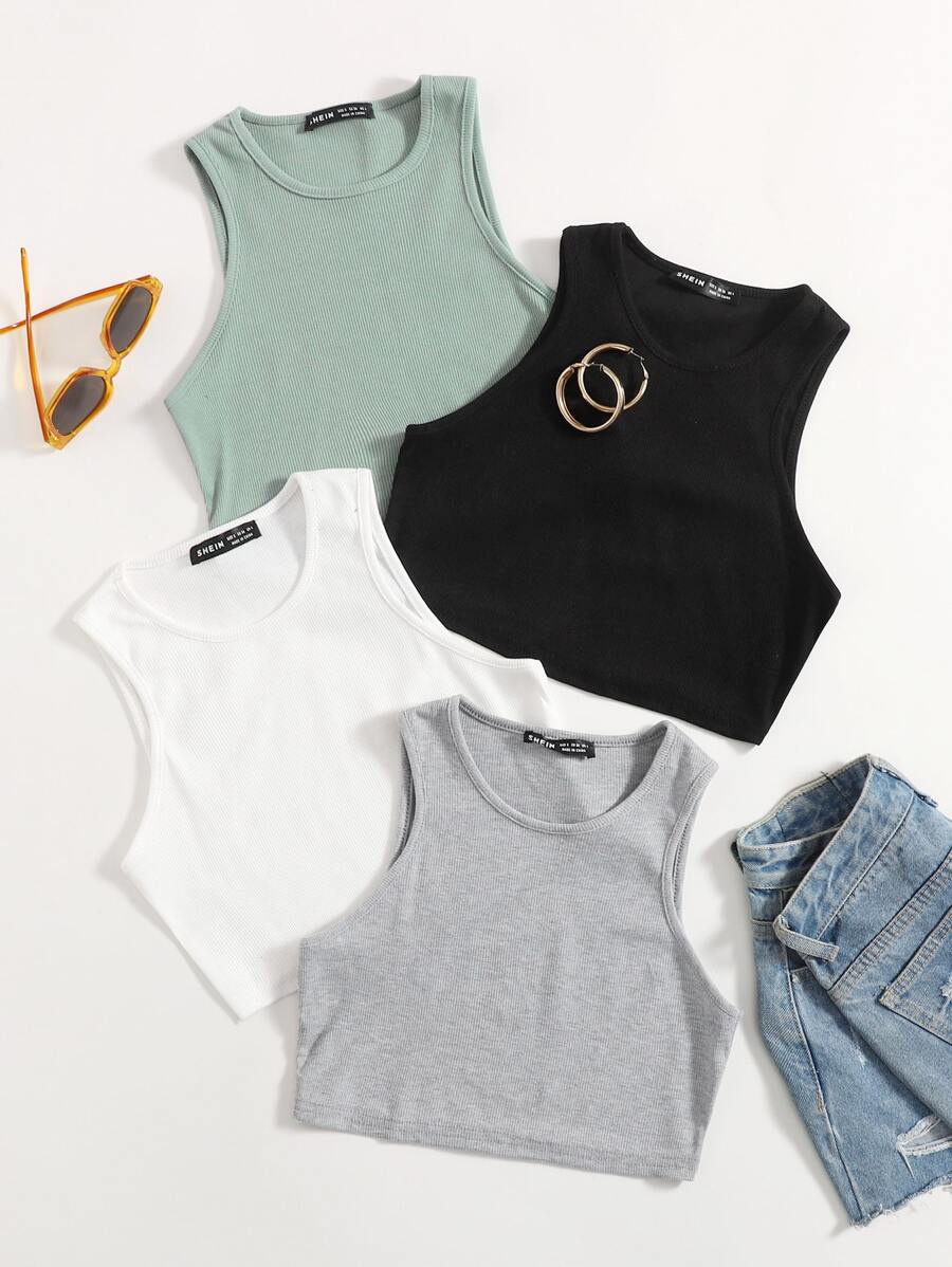 SHEIN EZwear 4 piezas top tank corto tejido de canalé - Multicolor - Ver 1