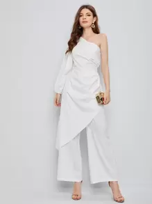 SHEIN Jumpsuit palazzo de manga farol de un hombro con diseño fruncido - Blanco - Ver 1