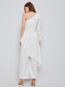 SHEIN Jumpsuit palazzo de manga farol de un hombro con diseño fruncido - Blanco - Ver 2