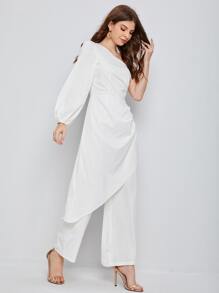 SHEIN Jumpsuit palazzo de manga farol de un hombro con diseño fruncido - Blanco - Ver 3