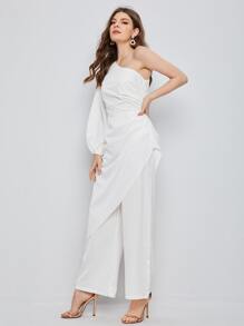 SHEIN Jumpsuit palazzo de manga farol de un hombro con diseño fruncido - Blanco - Ver 5