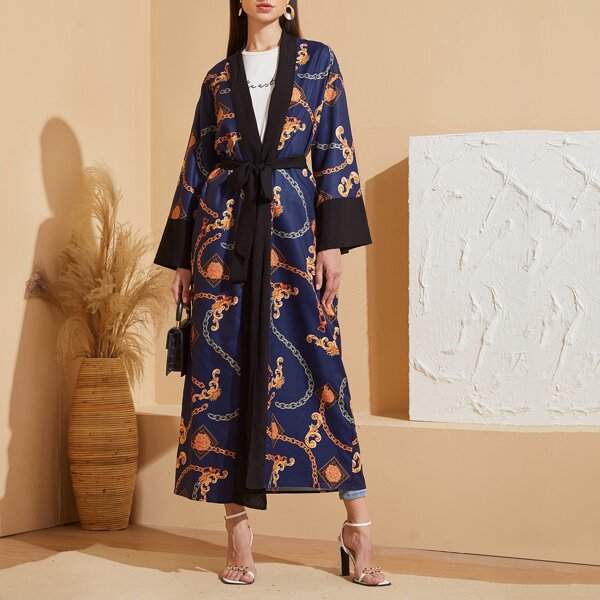 

Self Belted Chain Print Abaya, Multicolor