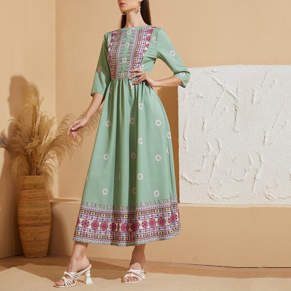 

Button Front Floral & Geo Print Dress, Multicolor
