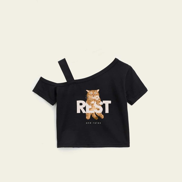 

Girls Cat & Letter Graphic Asymmetrical Neck Tee, Black