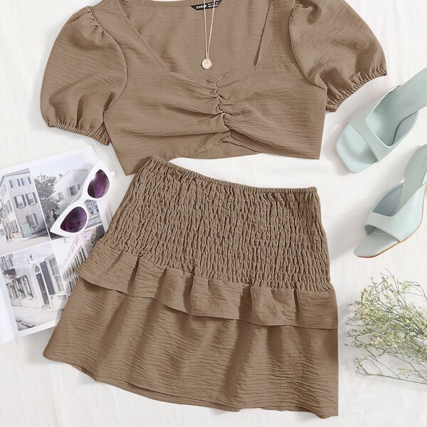 

Solid Ruched Front Crop Top & Shirred Skirt, Mocha brown