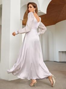 SHEIN 燈籠袖抽褶緞面洋裝