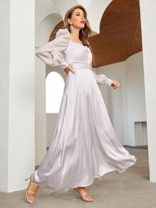 SHEIN 燈籠袖抽褶緞面洋裝