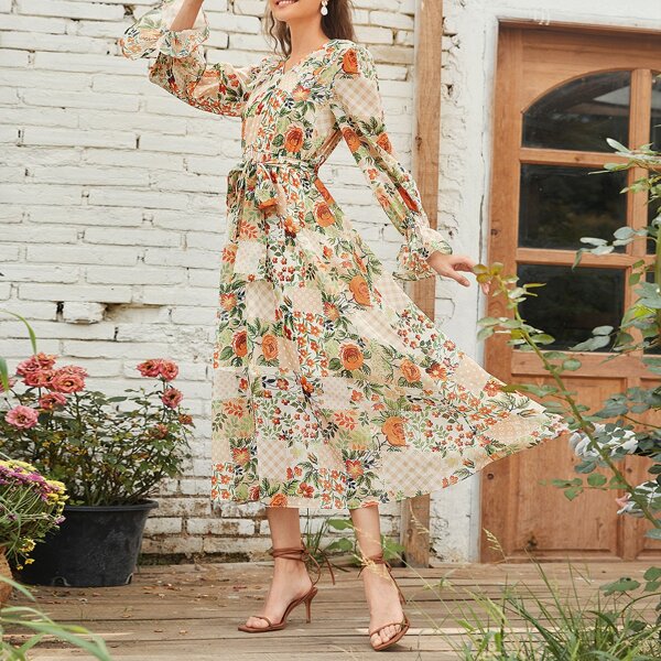 

Bell Sleeve Belted Patchwork Print Dress, Multicolor