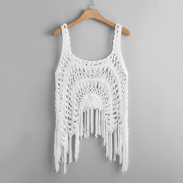 

Plus Crochet Fringe Hem Cover Up, White