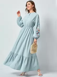 Seusyu Floral Embroidery Bishop Sleeve Dress Without Belt - Mint Blue - View 1