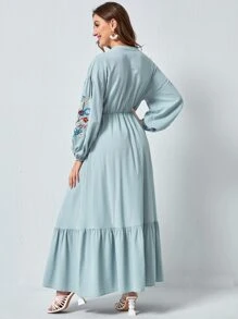 Seusyu Floral Embroidery Bishop Sleeve Dress Without Belt - Mint Blue - View 2