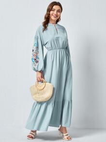 Seusyu Floral Embroidery Bishop Sleeve Dress Without Belt - Mint Blue - View 3
