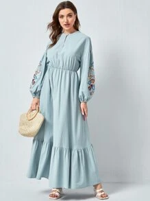 Seusyu Floral Embroidery Bishop Sleeve Dress Without Belt - Mint Blue - View 4