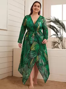Plus Tropical Belted Kimono - Green - View 1