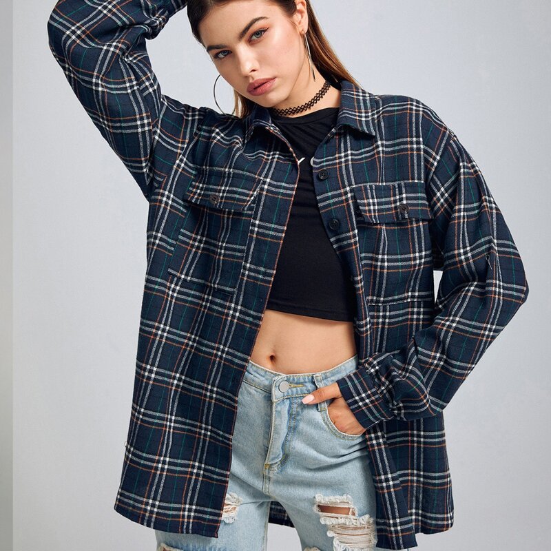 

Plaid Oversized Shirt, Navy blue
