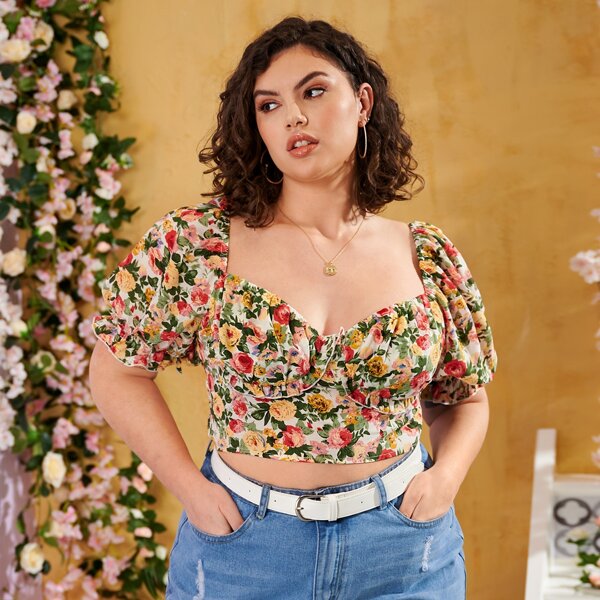 

Plus Allover Floral Print Sweetheart Neck Puff Sleeve Crop Blouse, Multicolor