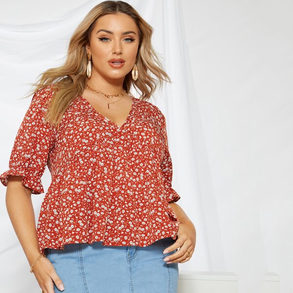 

Plus Ditsy Floral Flounce Sleeve V Neck Blouse, Red