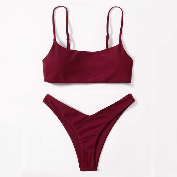 

Plain High Cut Bikini Swimsuit, Burgundy