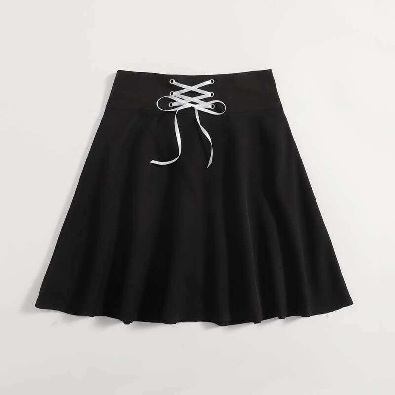 

Solid Lace Up Flared Skirt, Black