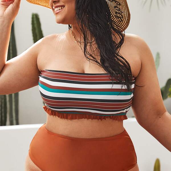 

Plus Striped Frill Trim Bandeau Bikini Top, Multicolor
