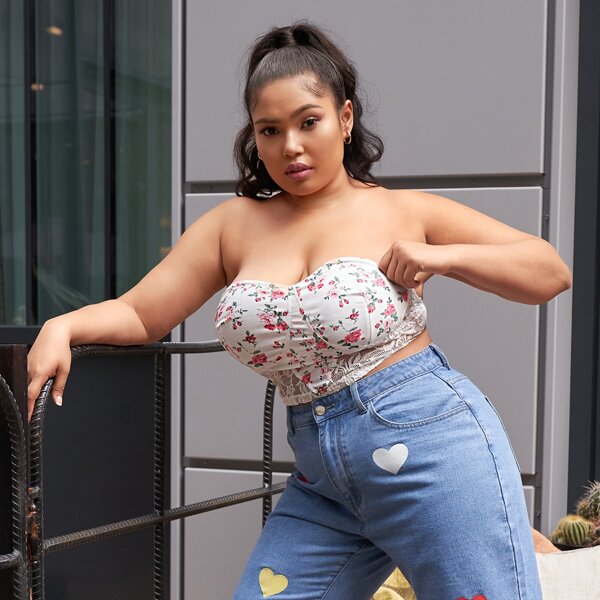 

Plus Contrast Lace Floral Print Tube Top, White