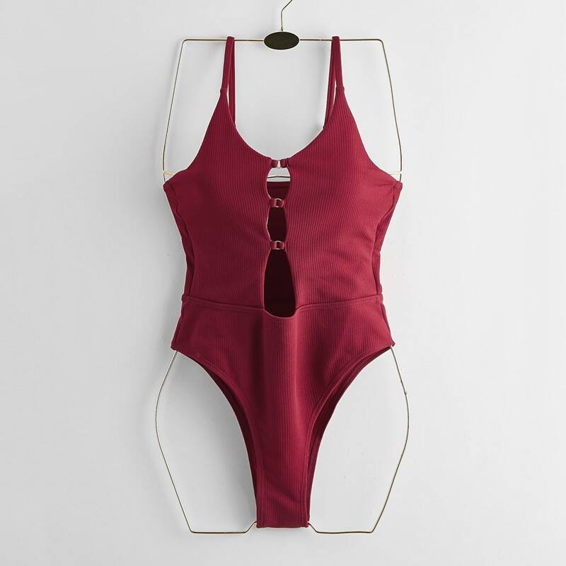 

Solid Cut Out One Piece Swimsuit, Burgundy