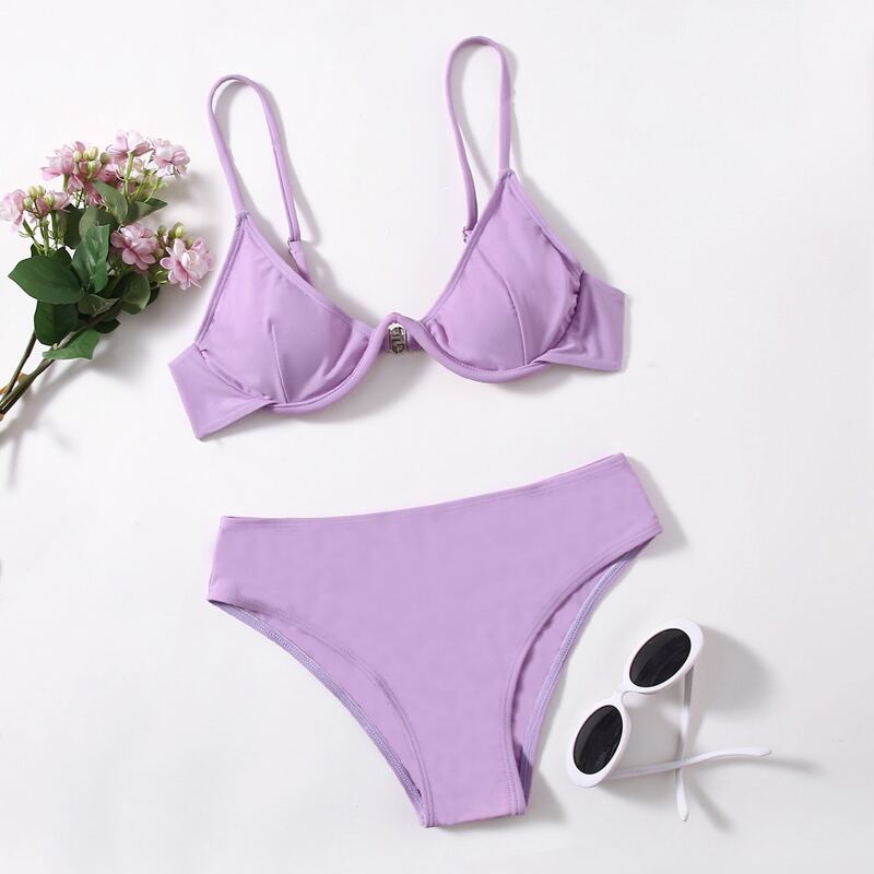 

Solid Underwire Bikini Swimsuit, Purple
