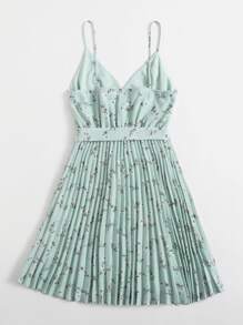 SHEIN 大碼自腰帶小碎花百褶吊帶連衣裙 - 薄荷綠 - 查看 2