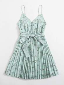 SHEIN 大碼自腰帶小碎花百褶吊帶連衣裙 - 薄荷綠 - 查看 3