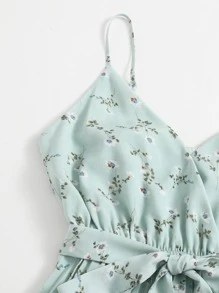 SHEIN 大碼自腰帶小碎花百褶吊帶連衣裙 - 薄荷綠 - 查看 4