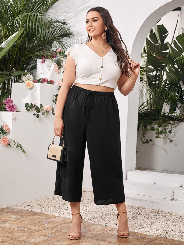 SHEIN LUNE Plus Tie Waist Wide Leg Capris SHEIN