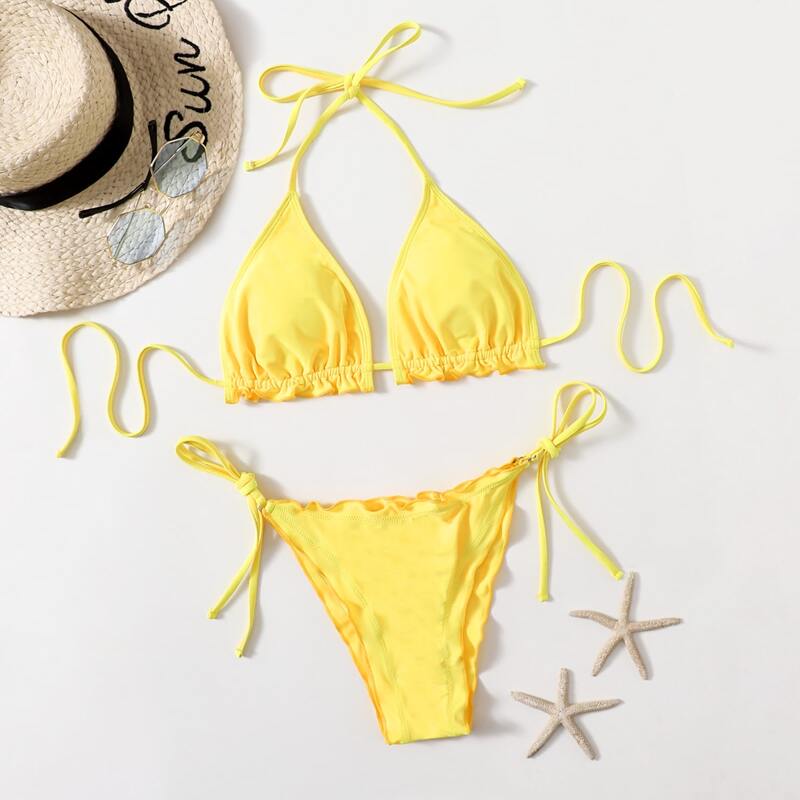 

Solid Lettuce Trim Tie Side Bikini Swimsuit, Yellow
