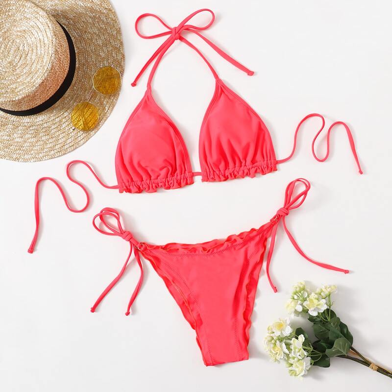 

Solid Lettuce Trim Tie Side Bikini Swimsuit, Watermelon pink