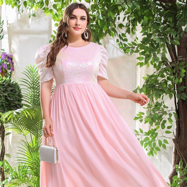 

Plus Puff Sleeve Sequin Bodice Dress, Pink