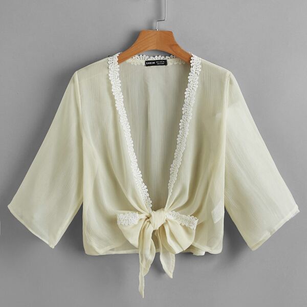 

Embroidered Applique Tie Hem Kimono, Yellow