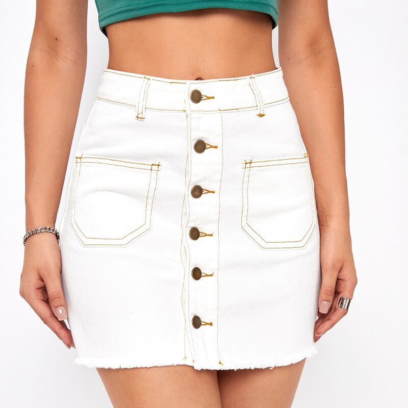 

Stitch Detail Raw Hem Button Up Denim Skirt, White