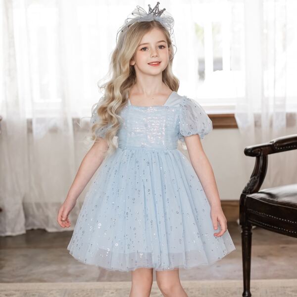 

Girls Sequin Insert Gown Dress, Baby blue