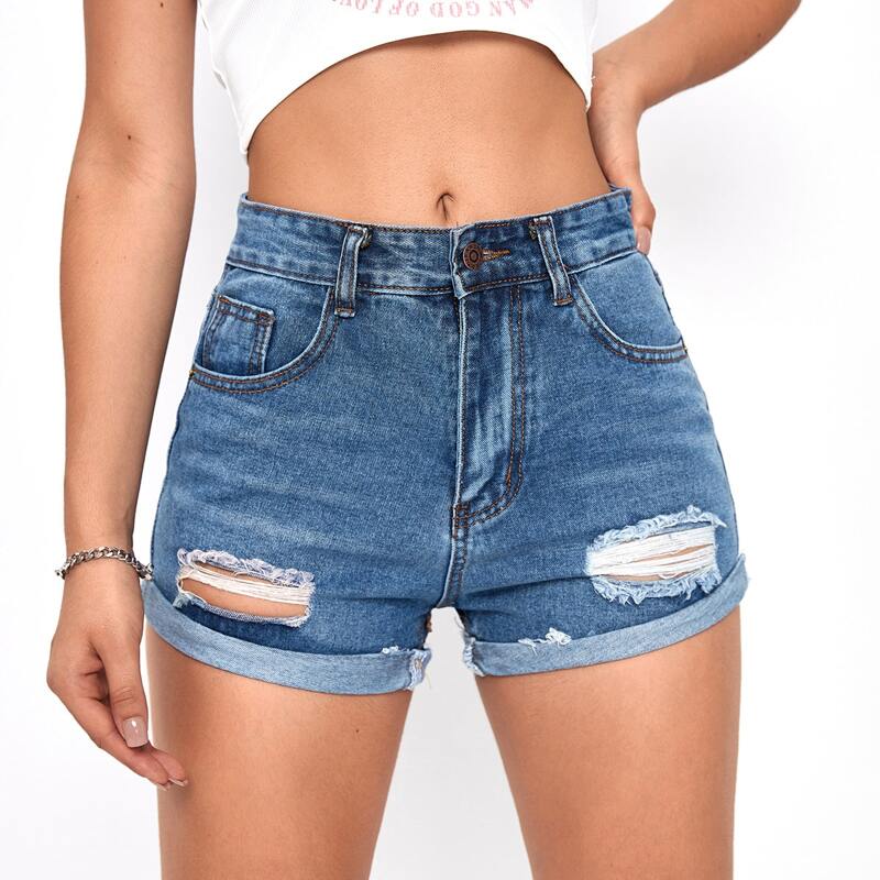 

Rolled Hem Ripped Denim Shorts, Medium wash