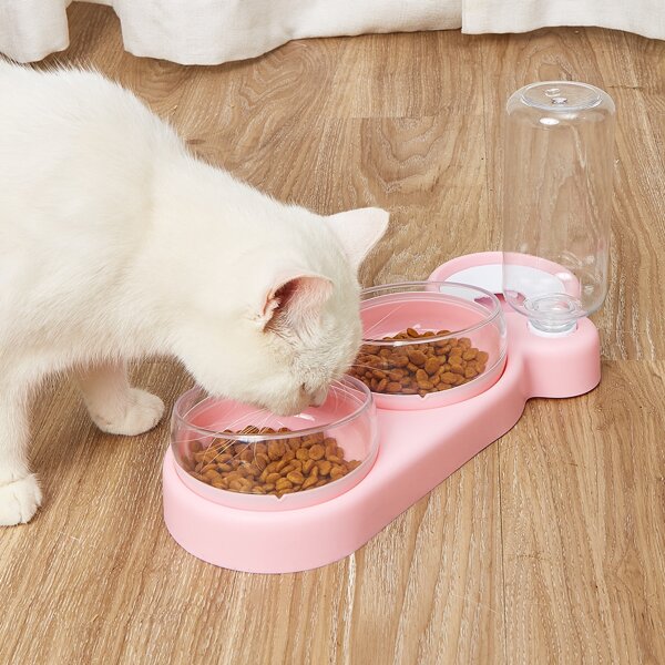 

1pc Double Pet Bowl With Drinking Bottle, Pink