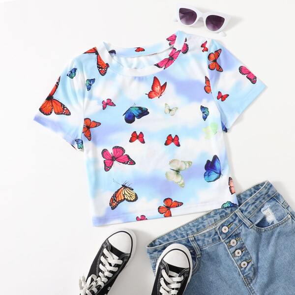 

Tie Dye & Butterfly Print Tee, Multicolor