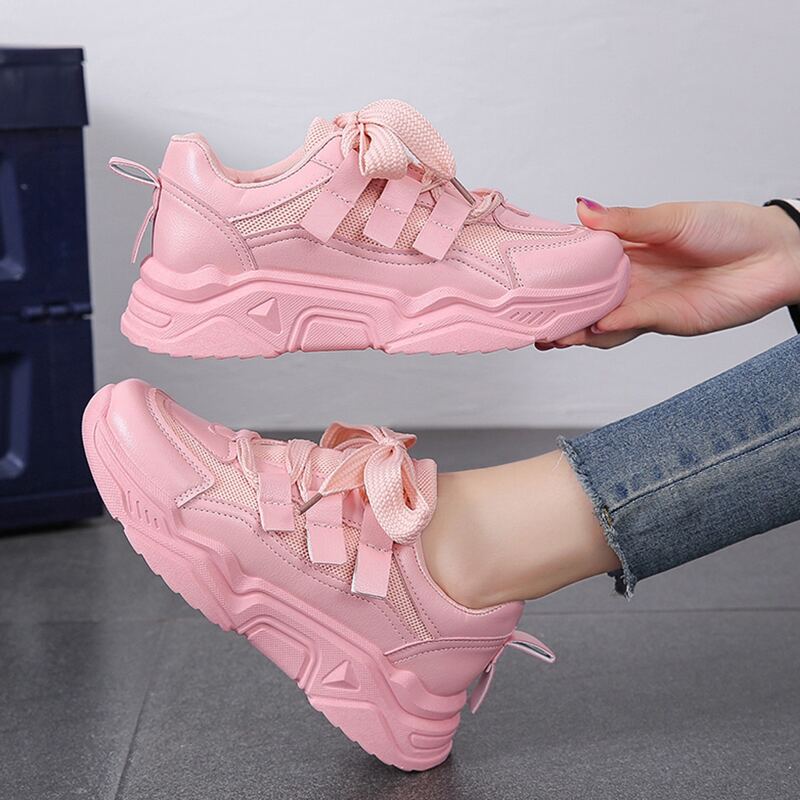

Solid Lace-up Mesh Chunky Sneakers, Pink