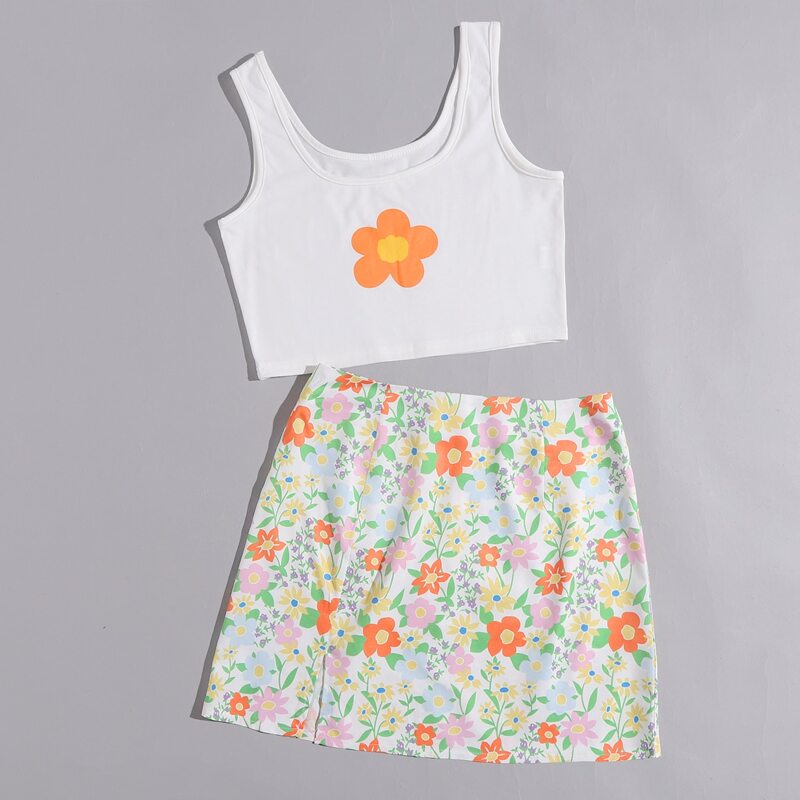 

Floral Print Crop Tank Top & Slit Skirt, Multicolor