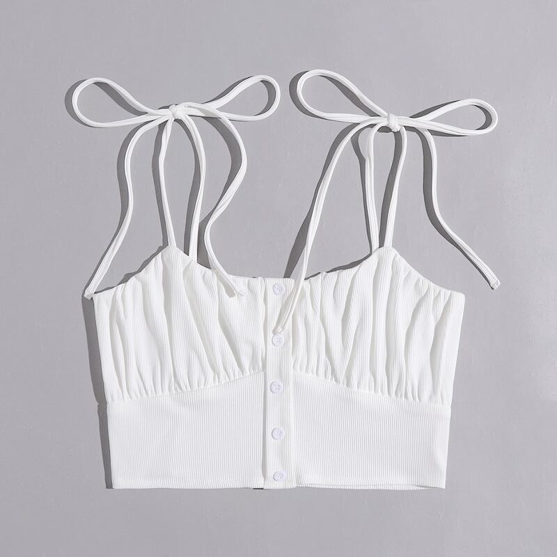

Solid Button Front Tie Shoulder Cami, White